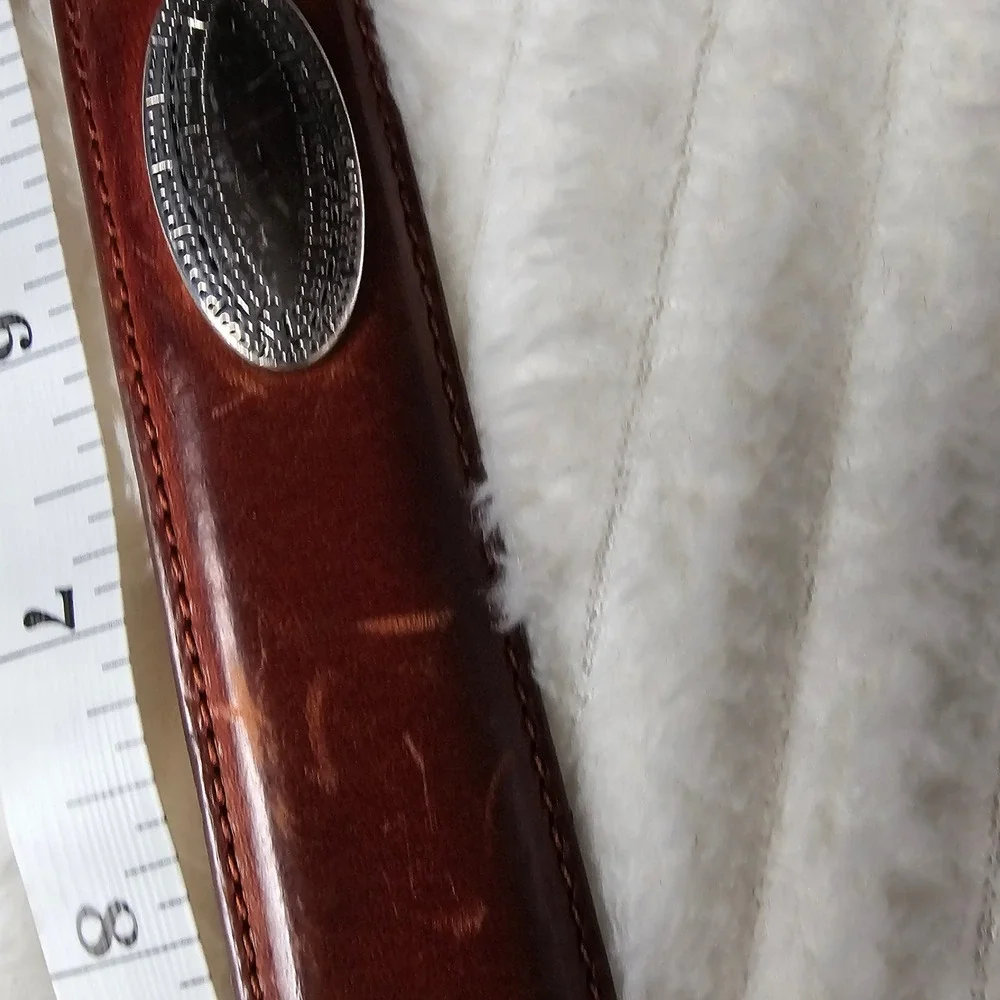 Silver Concho Engraved Buckle Top Grain Leather Belt 36 Brown Western Cowboy